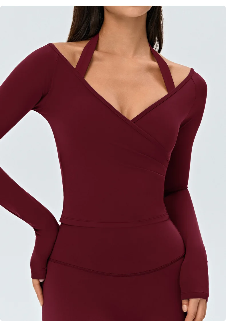 Women's Long Sleeve Yoga Cross Pleated V Neck Crop Shirt Four Way Stretch Quick Dry Pilates Workout Wear — detail
