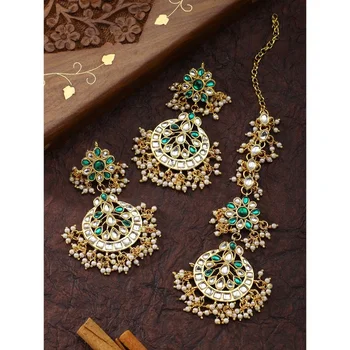 Aheli exquisite design faux kundan chandbali earrings maang tikka set ethnic indian jewelry
