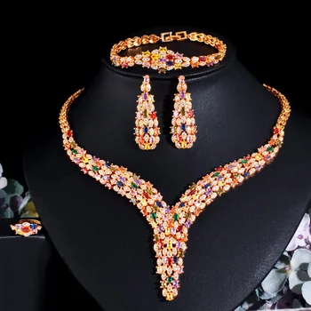Copper Full Diamond Color Collarbone Chain Earrings Set Dress Dinner Bride Exaggerated Zircon Four Piece Wholesale Jewelry Set