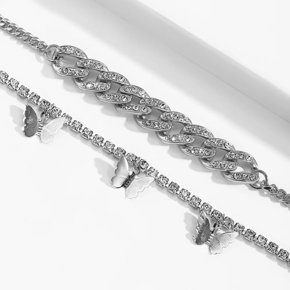 Non Tarnish Trendy Jewelry Tobilleras Iced Out Gold Plated Tennis Cz Cuban Link Butterfly Anklet