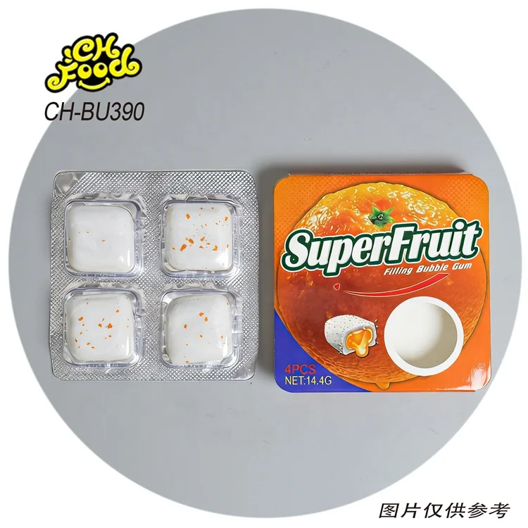 Wholesale Hot Selling 4pcs Chewing Gum OEM Cola Mint Fruit Strawberry Orange Watermelon Flavor Jelly Jam Filled Bubble Gum Halal