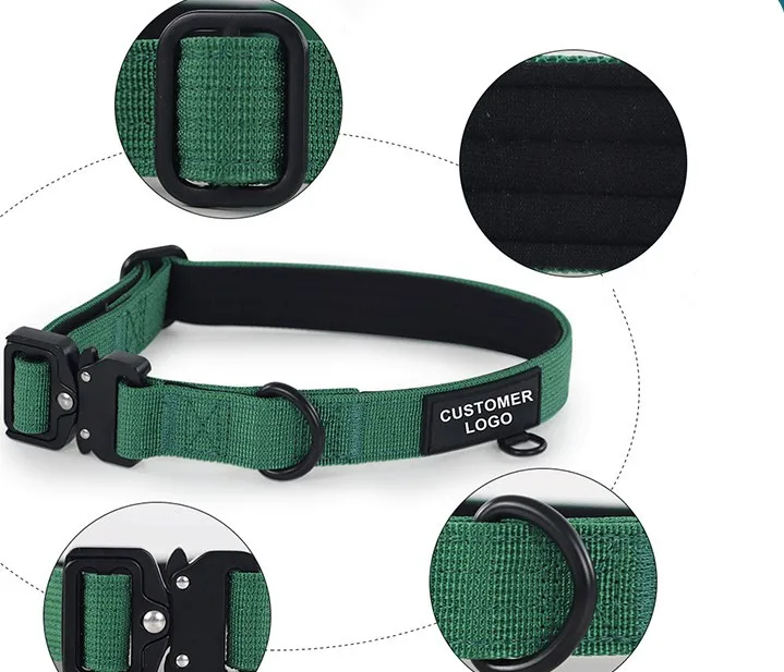 Heavy Duty Soft Padded Handle Nylon Dog Collar With Tactical Buckle