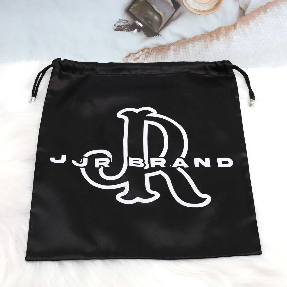 Custom Logo Printing Large Black Silk Drawstring Dust Shoe Bag Hair Extension Wig Underwear Hat Packing Clothes Soft Satin Pouch
