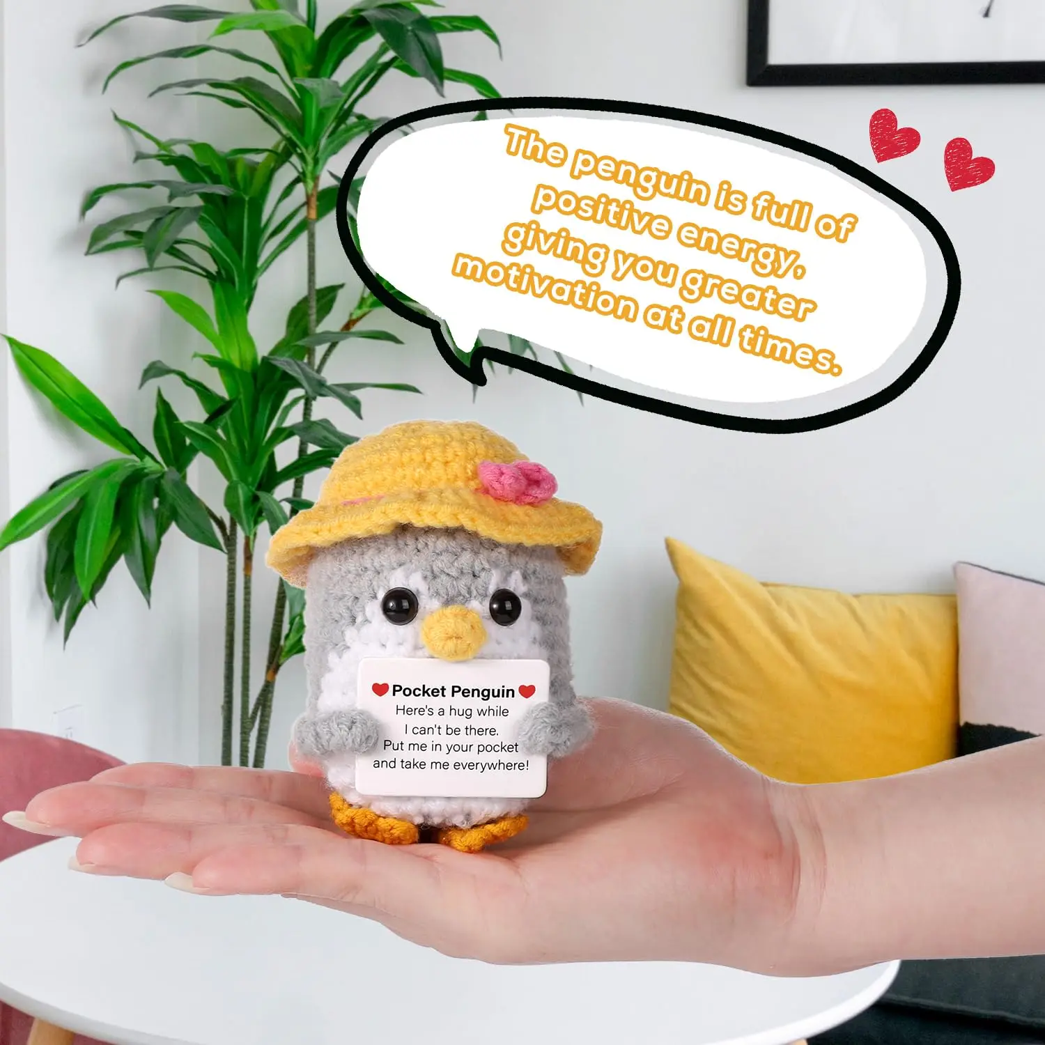 Funny Handmade Knitted Positive Penguin With Encouragement Card Crochet Wool Pocket Hug Penguin Dolls Home Room Decoration Gifts