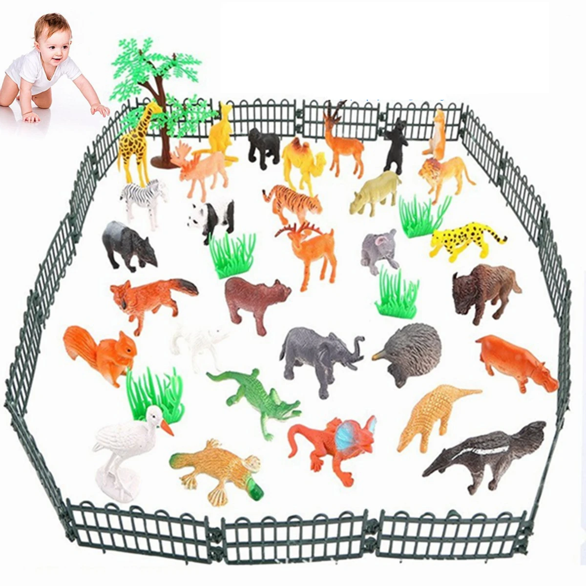 53PCS動物のおもちゃセット32種類の動物シミュレーション木草と