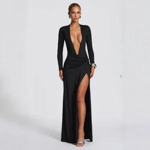 Deep V-neck Sexy Dresses Women Elegant Long Sleeve Prom Ball Gown Fancy Long Sleeved High Slit Evening Gown Formal Dress