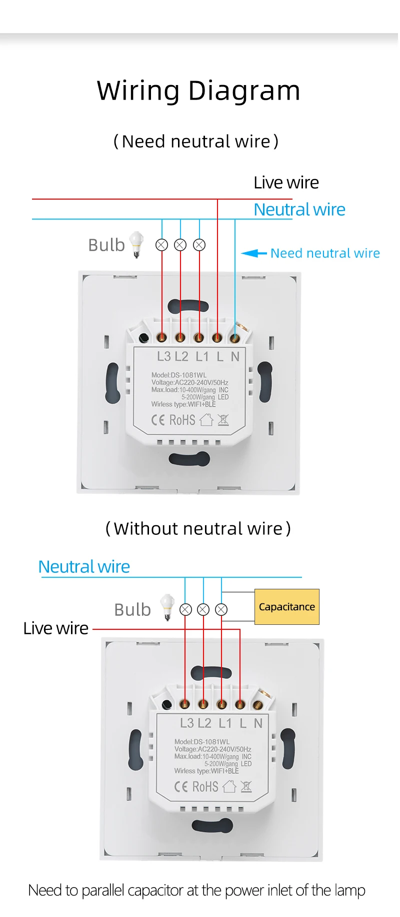 Tuya Smart button  Switch 1 2 3 Gang Without Neutral EU UK Wall Light Switch support Alexa Google Home