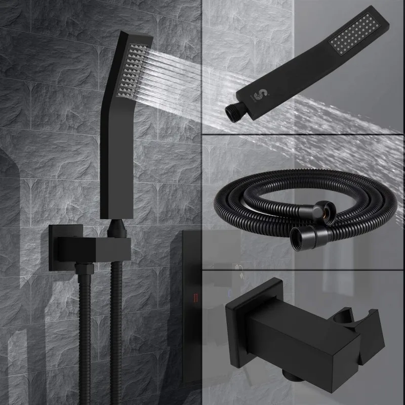 Modern 12 Inch Ceiling Rain Shower System - Black & Stainless Steel