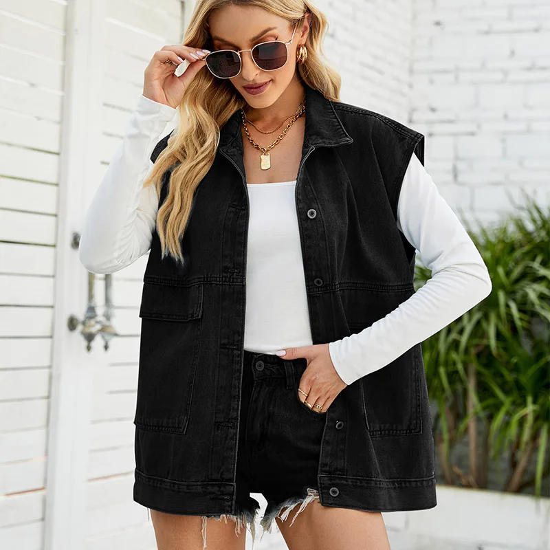Dames Denim Vesten,Lange Denim Vest Mouwloos Dames Button Down Gewassen Distressed Jeans Gilet Vest Plus Size Jas Shacket Lente Zomer Shirt Jassen Buitenkleding Donkerblauw 4Xl