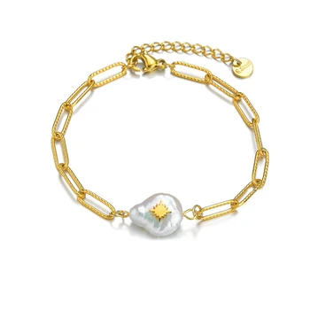 Retro Girl Gold Plated Bracelet Pearl Pendant Titanium Steel lock Chain Bracelet for women