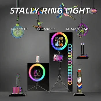 STALLY 13.3" Ring Light Tripod Stand Music Mode Wireless Remote 3 Phone Holders 3 CCT Modes 48 RGB Colors Adjustable Color Temp detail image