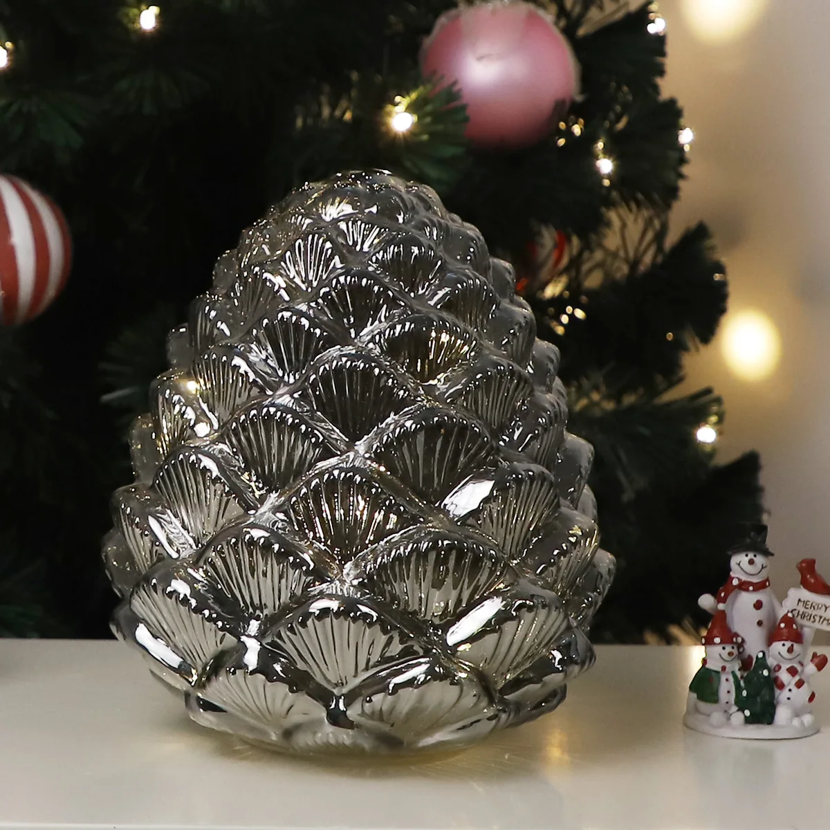 Micro LED illuminated Silver Mercury Pinecone Shape Glass Tabletop Decoration with fairy string lights factory