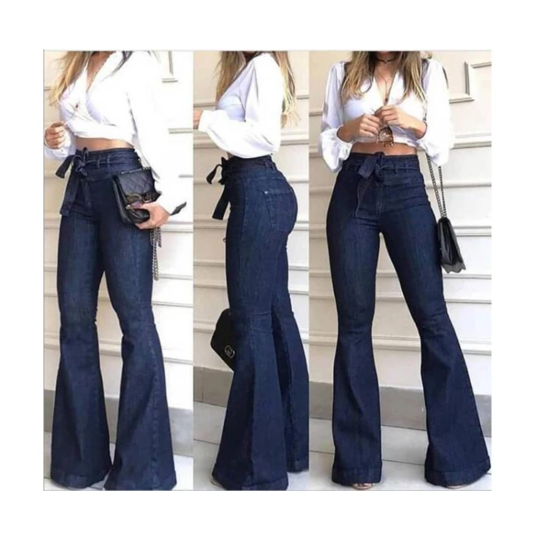 Wholesale Custom Woman Jeans Boot Cut Flare Bell Bottoms Ladies Lace up Mujer Denim High Waist Jeans Pants for Women