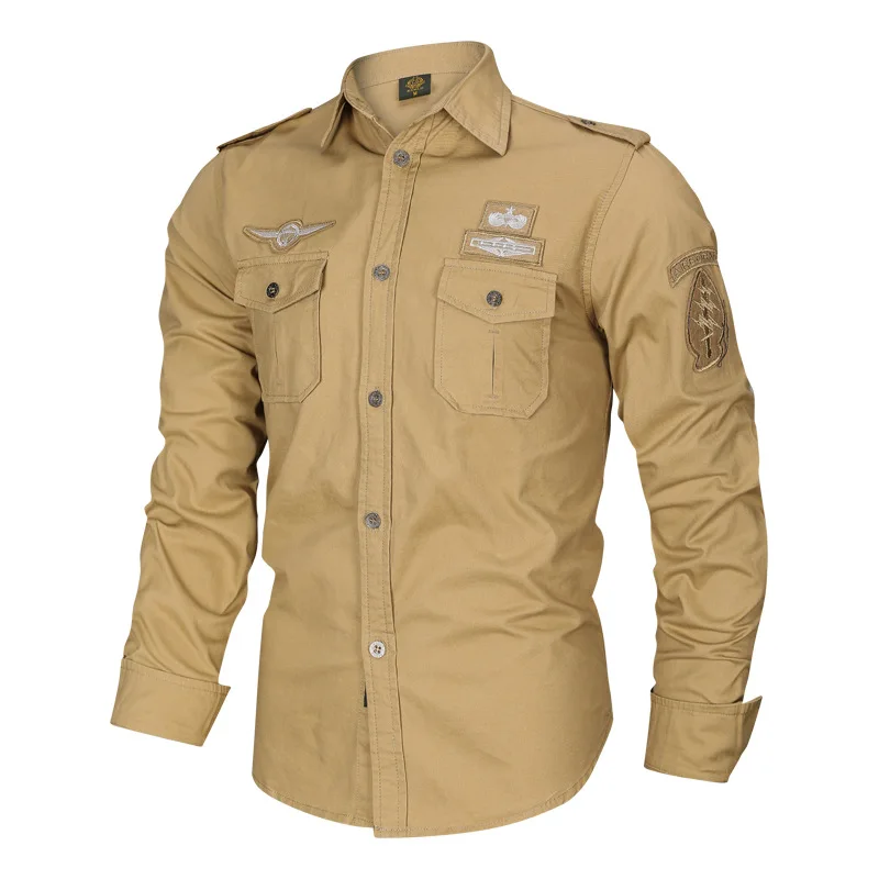 Wholesale Woven Pure Cotton Lapel Patch Embroidered Pilot Long Sleeved Men's Shirt749_voghion.com