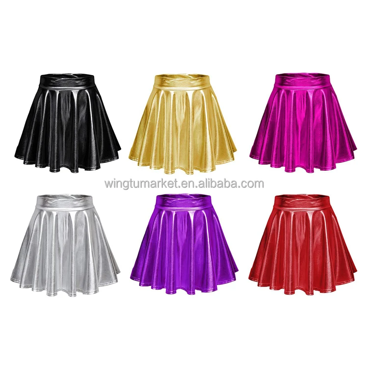 Flared Skater Mini Skirts Custom Stretchy Soft Pu Silver Shiny Metallic