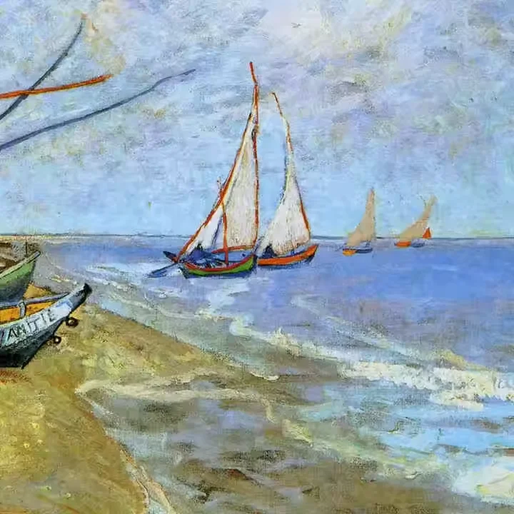 Hand-Painted Impressionist Landscape Oil Scenery Van Gogh's Famous Fishing Boats on Beach Canvas Support Base Reproductions