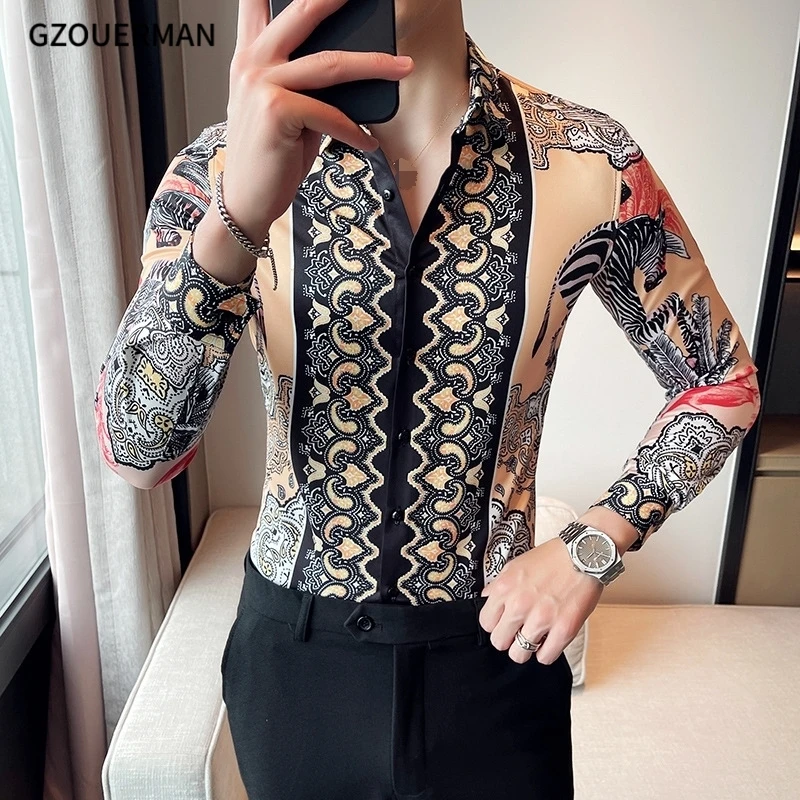 2022 Men Gentleman Long Sleeve Lapel Zebra Leaf Printed Shirt New Fashion Button Formal Royal Court Hot Sale Casual Shirt