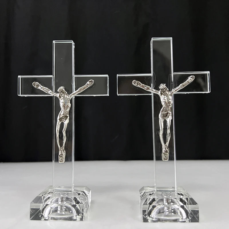 MH-S012イエスクライストクリアクリスタルガラス十字架置物磨かれた