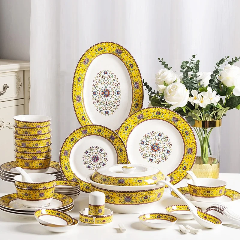 New 56 Pcs Chinese Traditional Enamel Collectible Porcelain Dinnerware Sets  for 10 People