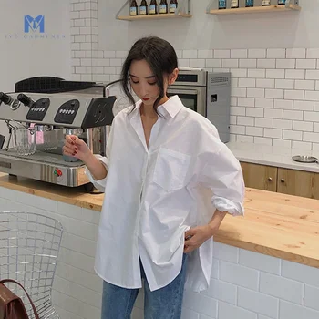 White Plain Loose Oversized Blouses Female Tops BF Korean Style Women Shirts