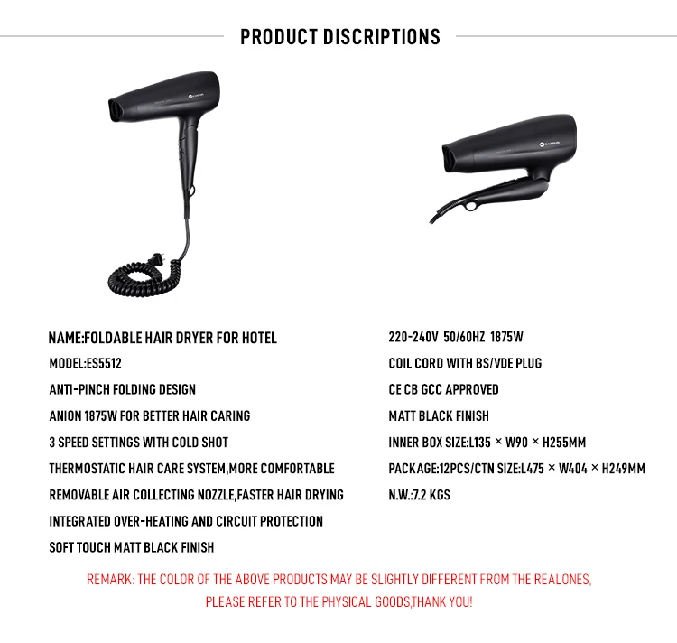 EASTON Top Hotel Bathroom 1875W Watt Retractable Hair Dryer with Good Quality