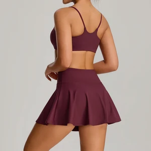 2026 Women's Breathable Pleated Tennis Skirt Set 2-Piece Sports Bra Pockets Quick Dry Moisture Wicking Workout Golf Outfits