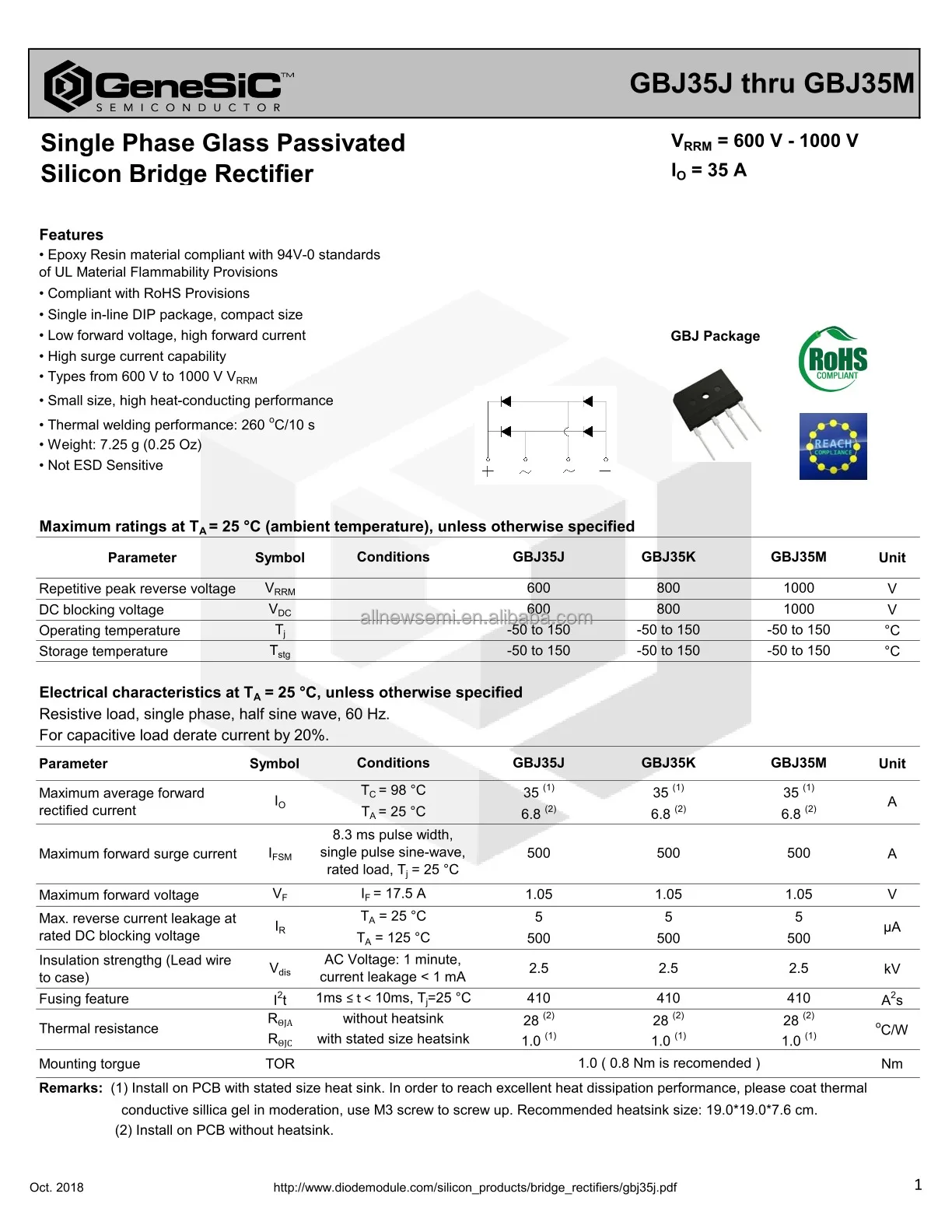 Hot sale Original GBJ35M 1000V 35A SINGLE PHASE BRIDG Bridge Rectifier Single Phase Standard 1 kV Through Hole