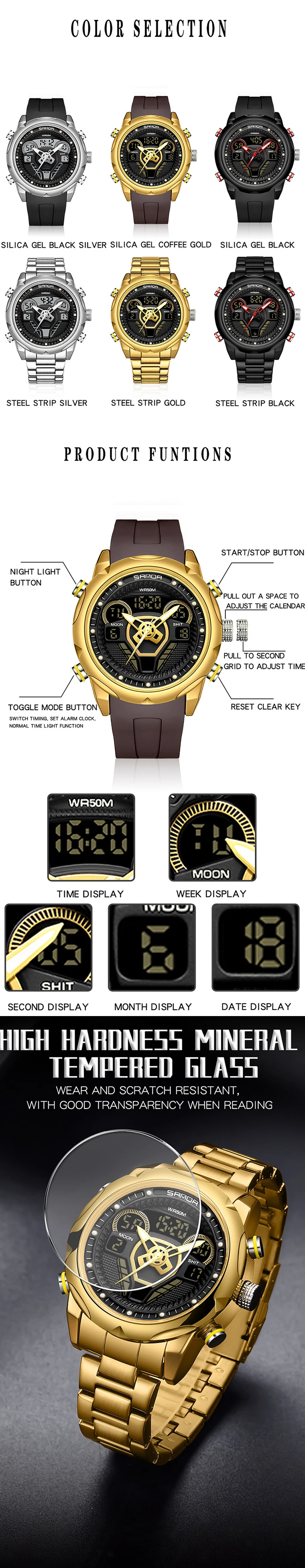 Sanda 9022 Outdoor Fashionable Luminous Waterproof Alarm Clock Electronic watch for men