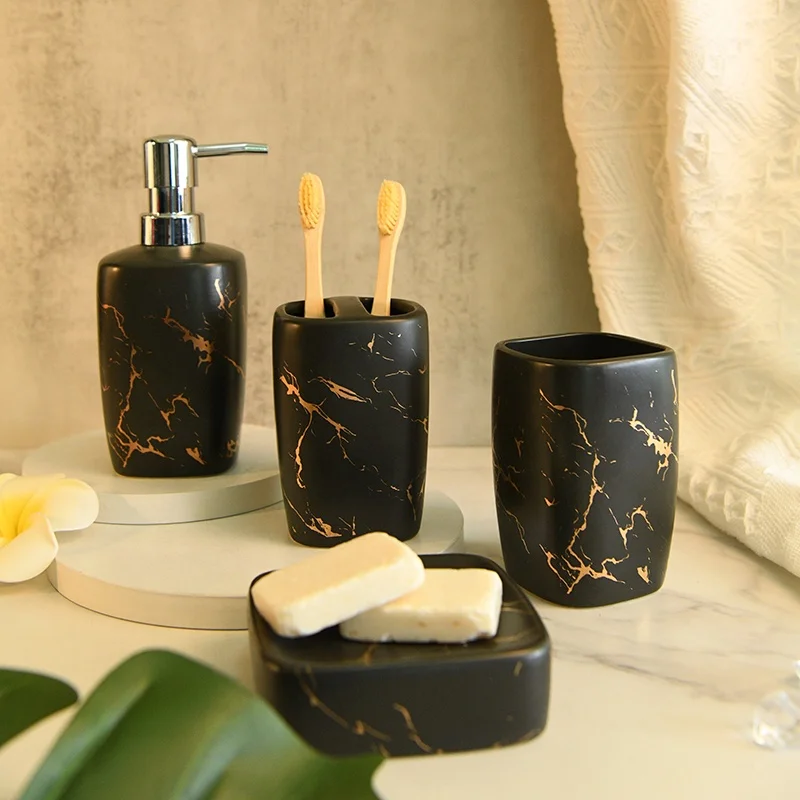 4 Pieces Black Ceramic Bathroom Decor Accessories Set Gold Marble