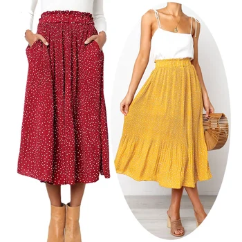 Womens Polka Dot Skirts Floral Chiffon Dress Boho Clothing Elastic Waist Peppermint Pocket Beautiful Dresses Pleated Skirt