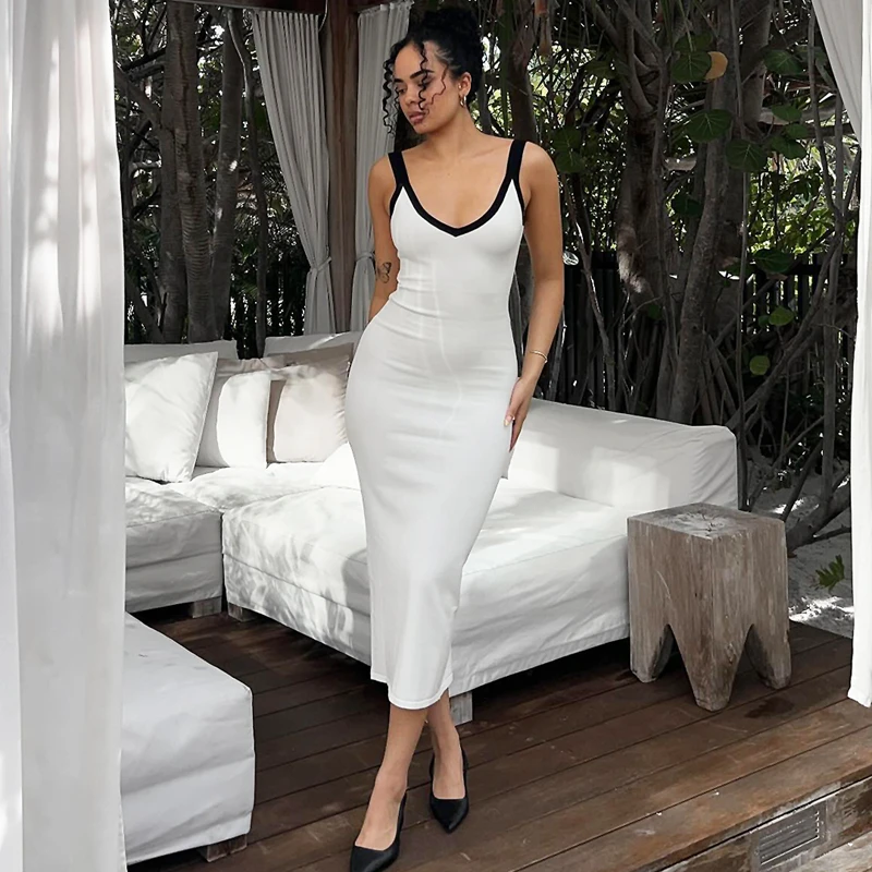 Lygens 5720 Block Color Spaghetti Strap Bodycon Slit Dress