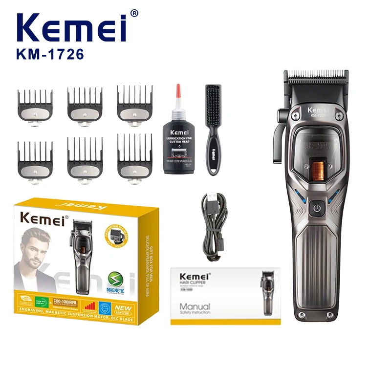 Tondeuse à cheveux professionnelle Kemei KM-1726, batterie lithium-ion de 2500 mAh, vitesse de 10 000 tr/min, lame réglable en DLC inoxydable, pour coiffeurs professionnels