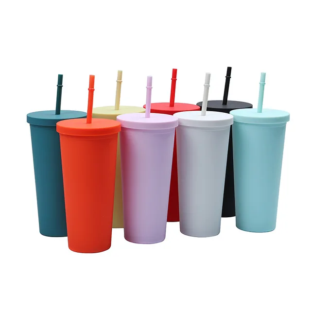 Direct Supply Hot Seller Double-Layer Plastic Sippy Tumbler 22OZ Large Capacity Outdoor Straw Cup Coffee Tea Logo Straight