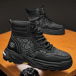 Men's Waterproof Canvas Cowboy Boots with Rubber Outsole Lace-Up Closure Round Toe-Black Workwear Motorcycle Casual Shoes