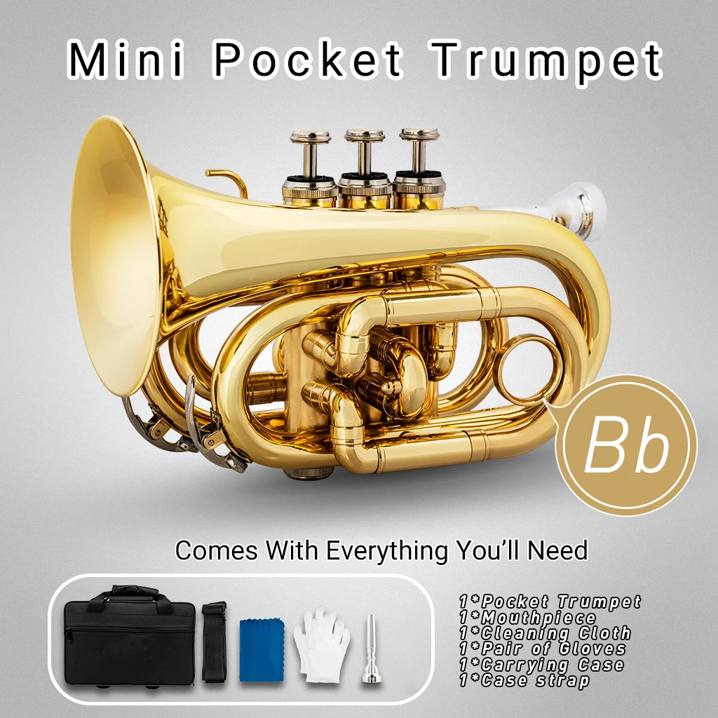 Mini Pocket Trumpet Bb Flat Brass Material Wind Instrument with Mouthpiece  Gloves Cleaning Cloth Carrying Case