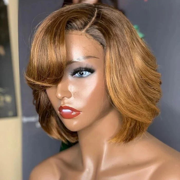 Drop Shipping Ombre Brown Highlight Color Wave Pixie Bob Raw Burmese Cuticle Aligned Hair Lace Frontal Wigs