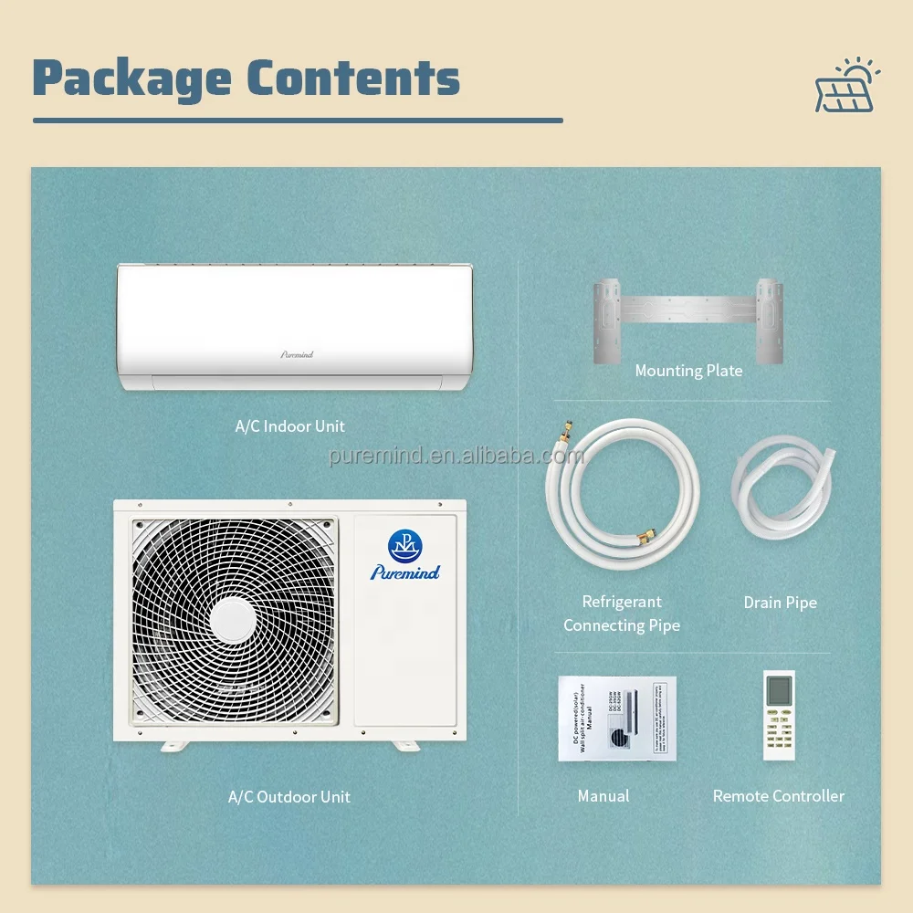 Puremind Solar Air Conditioner Off Grid 9000Btu 12000Btu Solar Powered Air Conditioning System Inverter Cooling Heating Wifi App