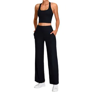 Janya Loose Wide Leg Gym Sports Pants Sets Racerback Tank Top Casual Ribbed Yoga Fitness Breathable 2-Piece Set for Women
