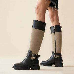 2026 Spring Collection Women's Western Style Low-Heeled Knee-Length Boots Side Zipper Sleeve Design Height Increasing Waterproof