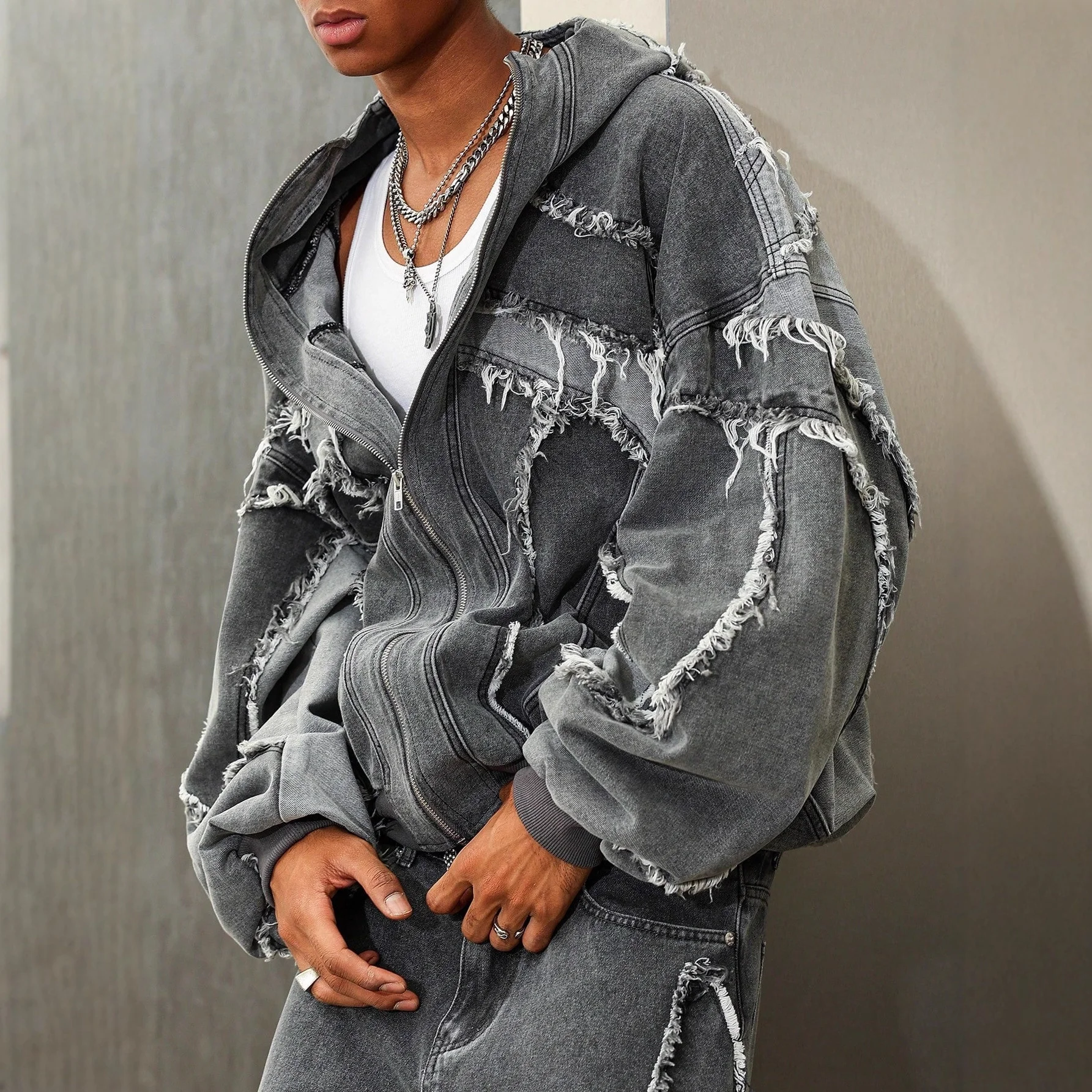 Американски тъмен стил, тежък суичър с качулка и цип, за есен, нишова модна тенденция, винтажен унисекс модел от високата мода