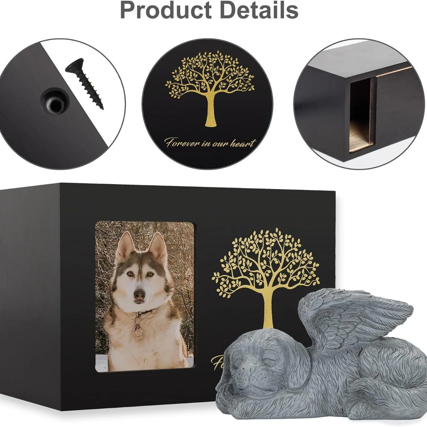 Pet Human Ashes Black Dog Funeral Box Solid Wood Pet Tree Of Life