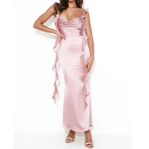 ZYHT 73959 Custom Women Lady Pink Satin Backless Sleeveless Straps Ruched Bust Midi Evening Party Simple Dress