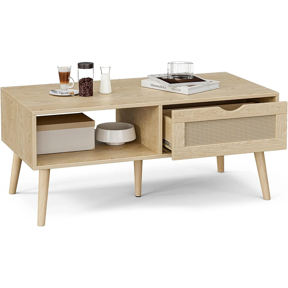 product modern coffee table with storage rattan drawer solid wood legs oak finish for living room-0