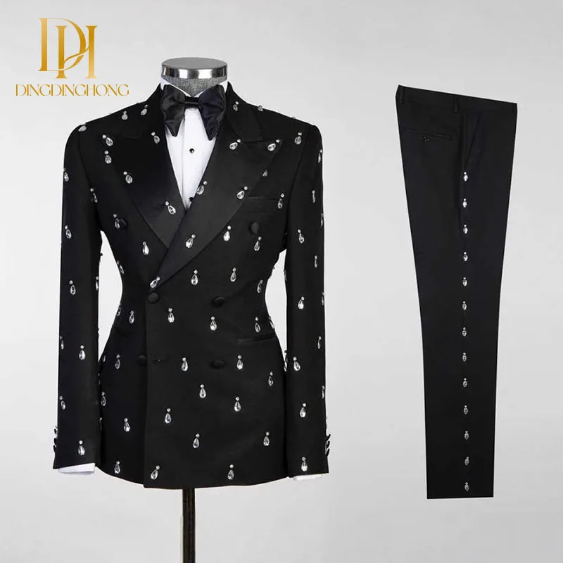 Luxurious Men's Wedding Suit 2-Piece Set Water Drop Diamond Double-Breasted for Peak Lapel Groom Pants for Summer Weddings