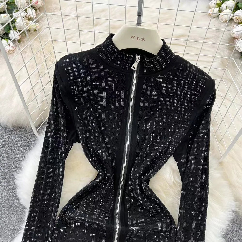 Hot Sale Rhinestones Long Sleeve Dress F Pattern Dress