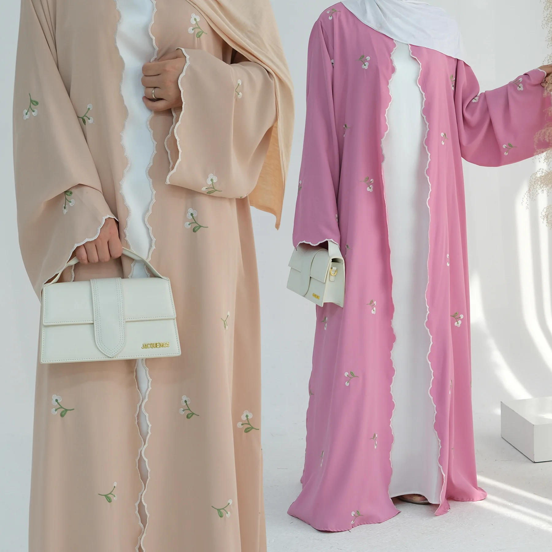 2024 Latest Design Elegant Flower Embroidery Front Open Abaya Dubai Turkey Middle East Muslim Abaya Sexy Dress Breathable Robe