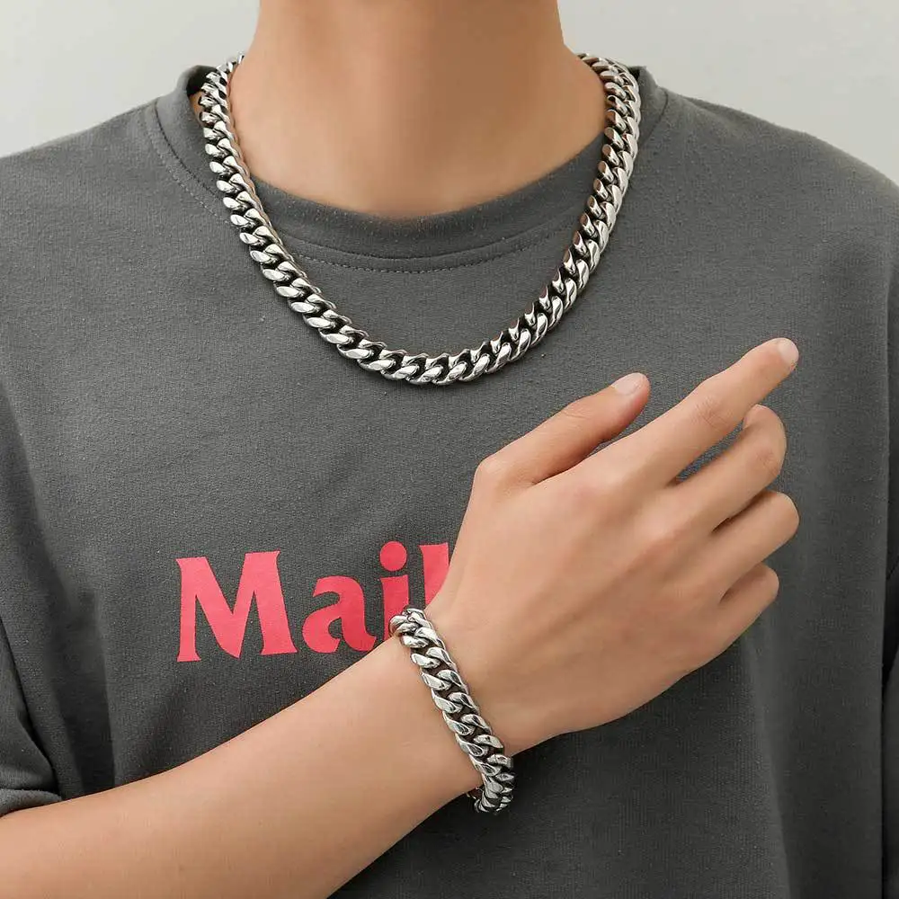 Men's Stainless Steel Cuban Link Chain Bracelet - Punk Biker Style, Lobster Clasp, 22cm (8.66 In), Titanium Steel - View #9