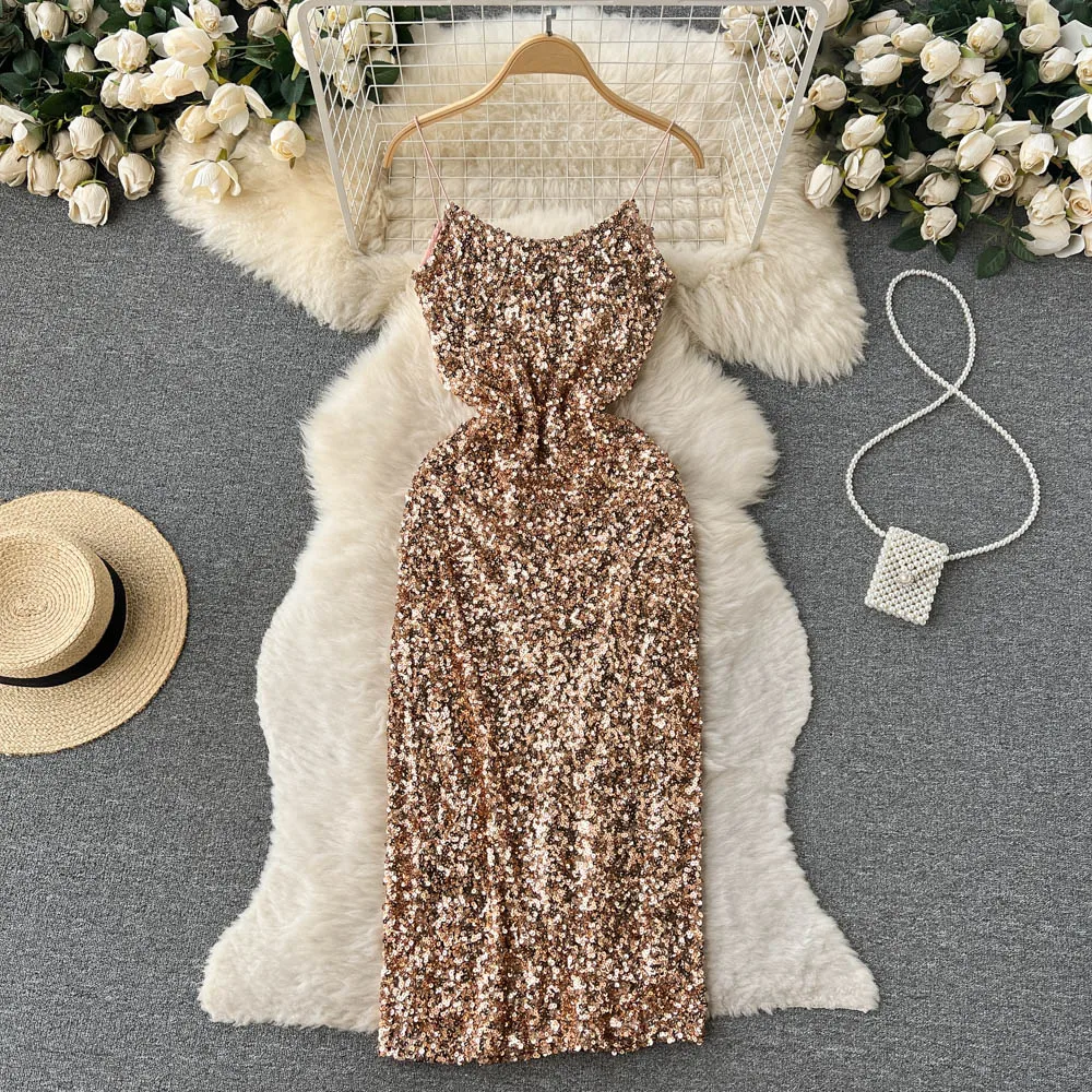 Sexy Sequins Glitter Celebrity Suspender Dress Women's Luxury High-class Evening Dress Skirt Trend Sexy Sequins Glitter Celebrity Suspender Dress Women's Luxury High-class Evening Dress Skirt Trend