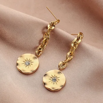 Korean Coin Sun Earrings Exquisite Gold Plated Stainless Steel Link Chain Stud Earring Jewelry for Women