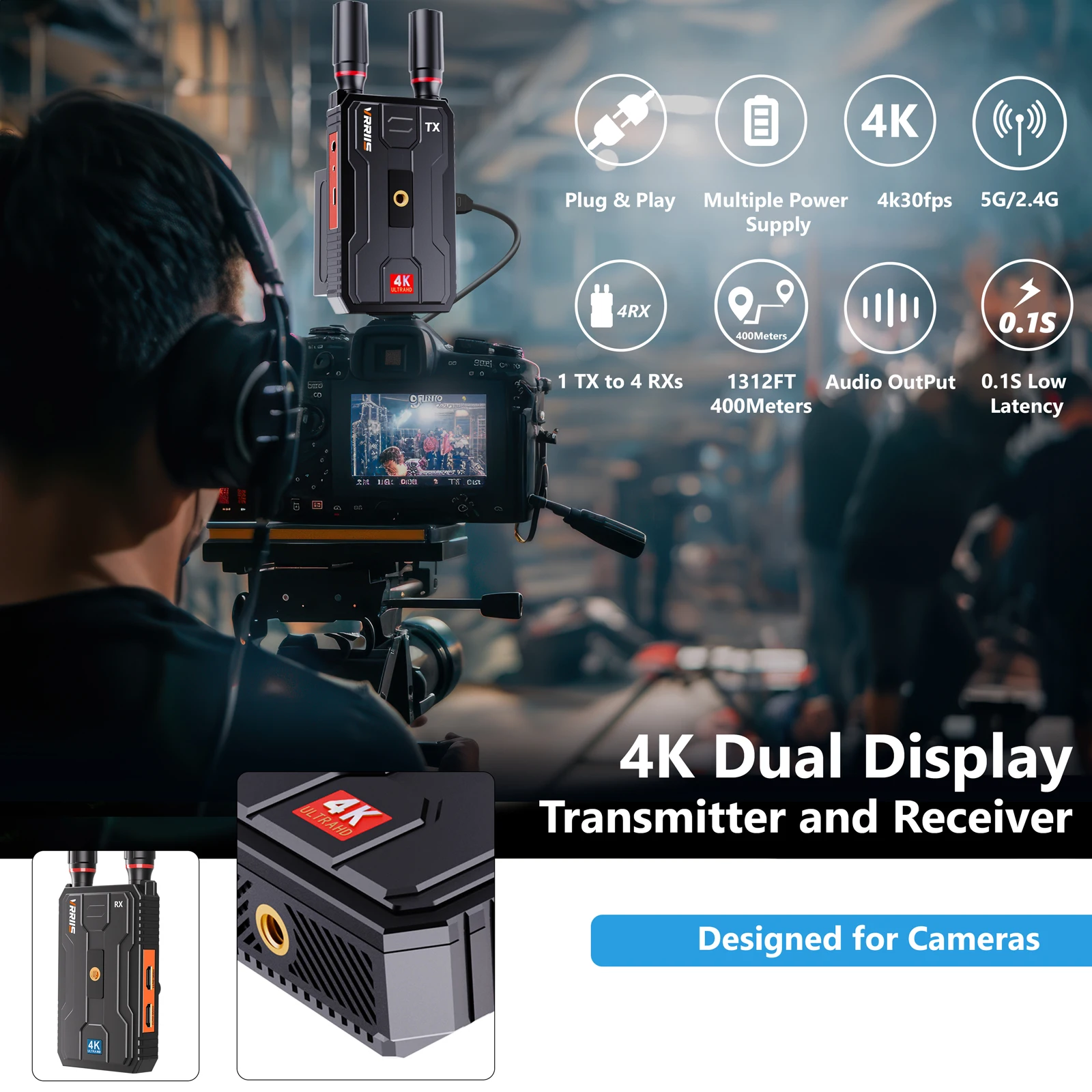 4K 400M/1300FT DUAL outputs wireless video transmitter and receiver for Outdoor Events football live streaming Indoor pass wall